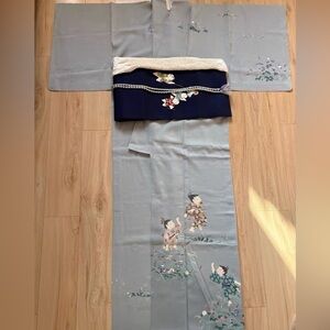 Vintage Japanese Silk Kimono with Obi – Hand Painted Children Motif